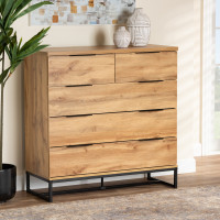 Baxton Studio CH8002-Oak-5DW Chest Baxton Studio Franklin Modern and Contemporary Oak Finished Wood and Black Finished Metal 5-Drawer Bedroom Chest